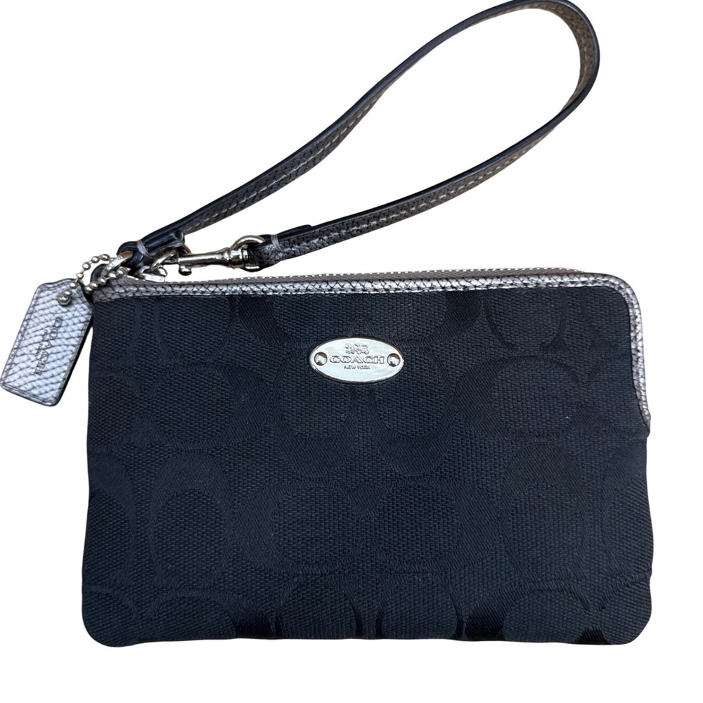 Coach F64643 Signature C Jacquard Corner Zip Wristlet black silver metallic 4x6